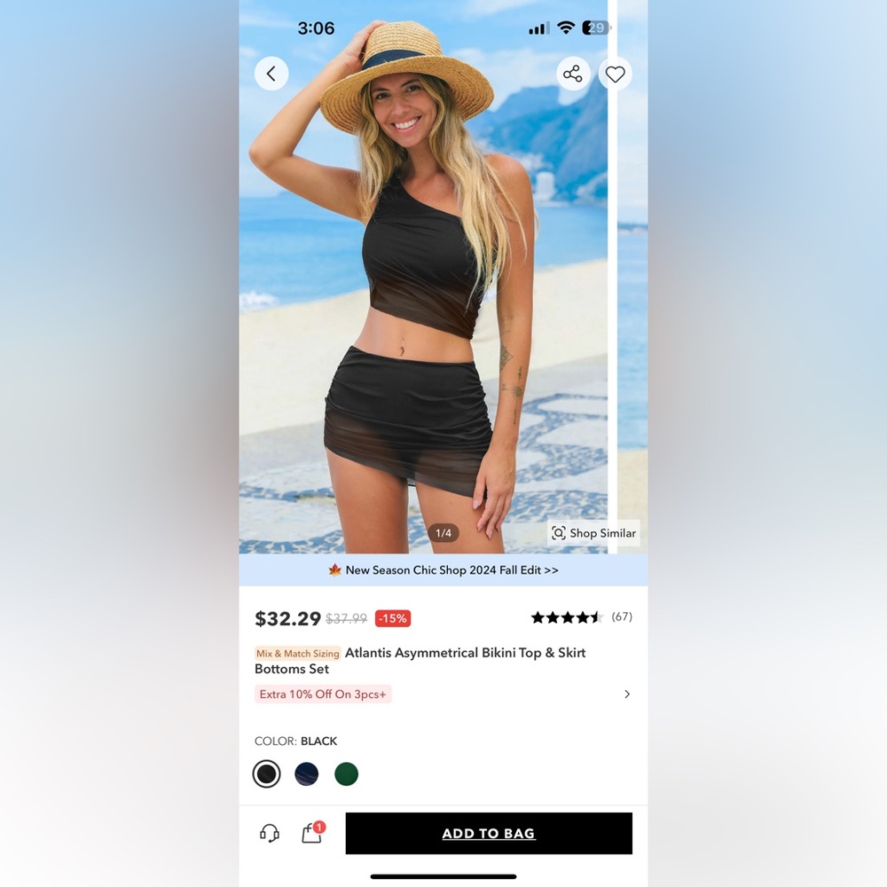 BNWT asymmetrical black bikini. Size large